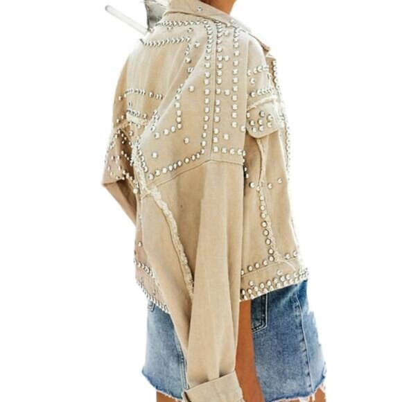 NEW APA Denim Studded Boyfriend Frayed Trucker Oversized Utility Jacket Khaki … - Picture 5 of 11
